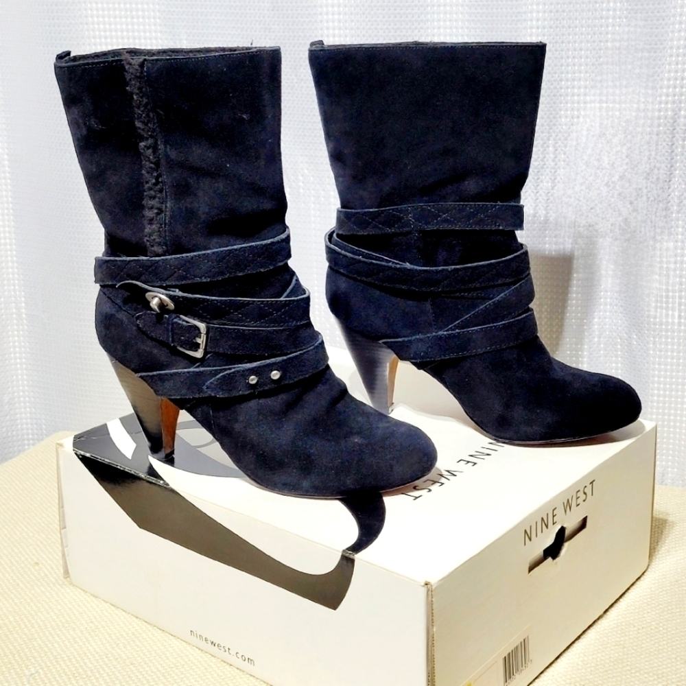 Nine West Black Suede & Strappy Mid-Calf Heeled Pull On Style Boots (9M)